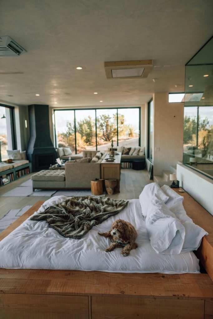 A contemporary Joshua Tree bedroom with plush bedding, stylish decor, and scenic views.